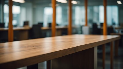Empty Wooden Table in a Modern Office Space with Blurred Background