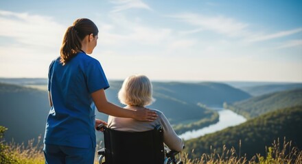 Fototapeta premium Caregiver assisting an elderly person enjoying a scenic view.