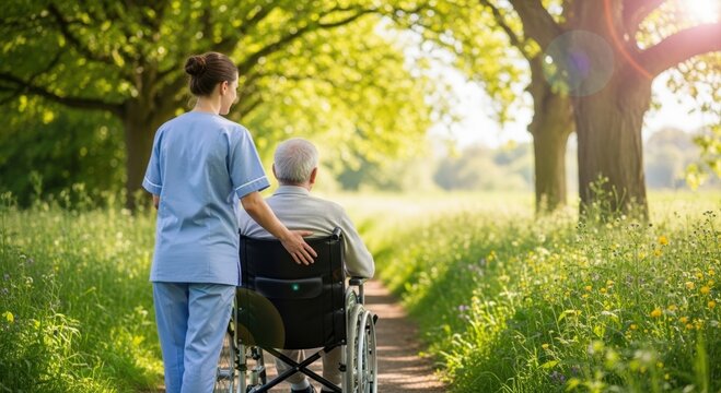 Nurse assisting patient in wheelchair through a lush, green path.