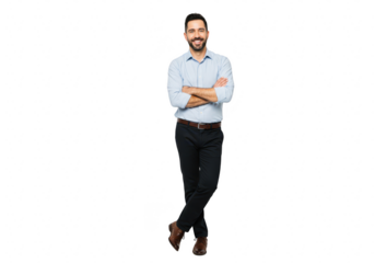 A confident businessman with a beard smiles with his arms crossed, isolated on transparent background