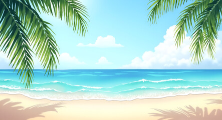 Serene Tropical Beach Watercolor Painting: Vibrant Blues, Swaying Palm Trees & Gentle Waves - Capture Summer Tranquility in Stunning Photo Stock with Left-Side Empty Space