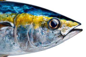 Closeup of yellowfin tuna fish head isolated on white or transparent background