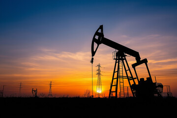 An oil pump stands in the middle of a vast desert, extracting energy from the arid land, symbolizing industrial power and resource extraction in a harsh, sunlit environment.