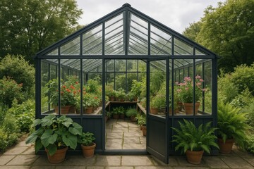 Simple and Realistic Greenhouse Design Surrounded by Lush Plants