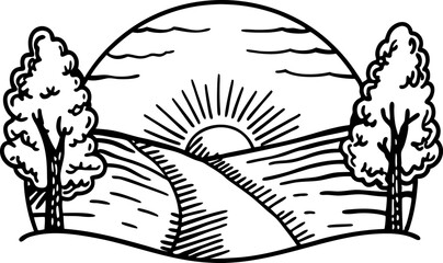 Obraz premium Sunrise over countryside landscape with trees and winding path rural morning scenery, nature line art illustration