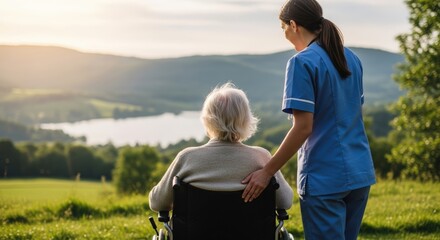 A caregiver assists an elderly woman overlooking a serene landscape.