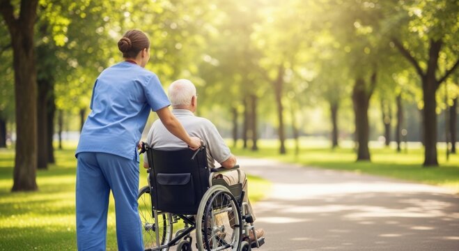 Caregiver pushing wheelchair in a sunny park setting.
