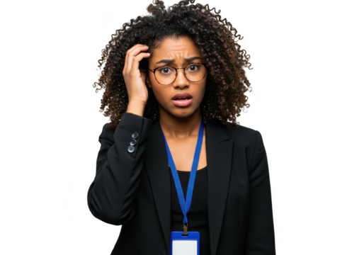 A confused young woman with curly hair and glasses touches her head, isolated on transparent background