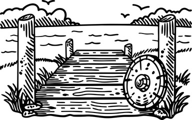 Wooden pier by the lake with shield hand drawn dock scene, water landscape, rustic nature, outdoor adventure illustration