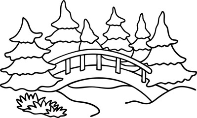 Curved wooden bridge over stream in forest, with pine trees and bushes scenic natural landscape outline drawing