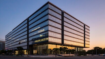 Modern Glass Office Building Illuminated at Dusk Reflecting Golden Sunset Sky