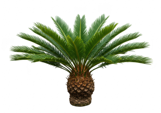 A lush sago palm cycad with vibrant green fronds is displayed isolated on a clean transparent background