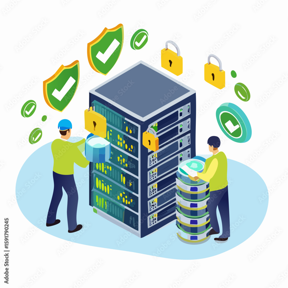 Aufkleber two engineers manage a server rack with security symbols, representing data protection and network m