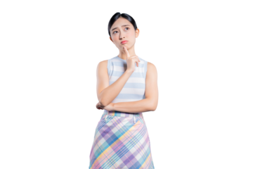 A young Asian woman with a pensive and thoughtful expression, her hand on her chin as she considers a difficult problem.on png 
