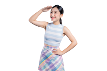 A curious young Asian woman looking into the distance with her hand over her eyes, as if searching or discovering something new.on png 
