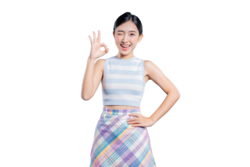 A playful young Asian woman winking and making an OK hand gesture to signify perfection, approval, or success.pn png 
