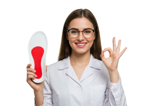 A smiling female doctor holding an insole, giving an ok sign, representing foot health and care isolated on transparent background