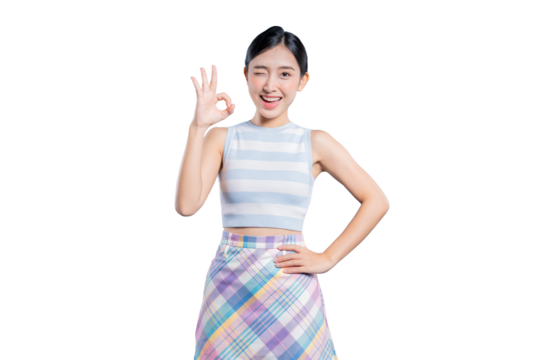 A playful young Asian woman winking and making an OK hand gesture to signify perfection, approval, or success.pn png 
