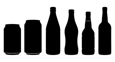 Silhouette of various shaped bottles and cans on a white background