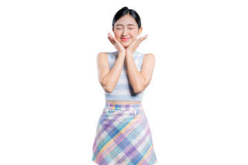 A cute and blissful young Asian woman touching her cheeks with a happy, contented expression, sometimes with a playful wink.posing on png