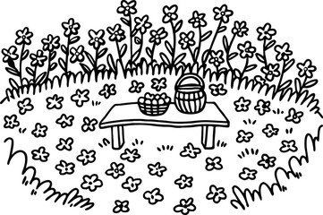 Obraz premium Picnic scene with flower garden, bench, baskets, spring meadow, outdoor nature illustration, black and white art