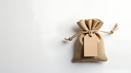 Burlap gift bag with blank tag isolated on white background