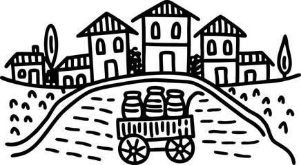 Fototapeta premium Hand drawn rural village with houses and milk cart on a country road, agricultural countryside landscape illustration