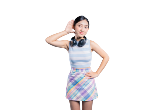 A curious young Asian woman with headphones around her neck, cupping her hand to her ear in a listening gesture.
on png 