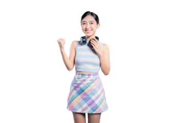 A happy and successful young Asian woman with headphones, making a confident fist pump gesture and smiling at the camera.on png 
