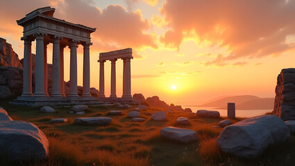 Stunning Sunset Panorama of Classical Ruins: Doric Columns, Fallen Pediments, and Rugged Stone Pillars Amidst Overgrown Grass - Realistic Style with Empty Space for Text