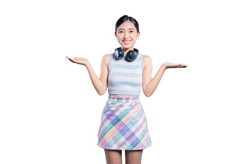 A friendly young Asian woman with headphones around her neck, with open hands in a welcoming or...