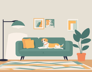 Cute Dog Sitting on a Sofa in Living Room