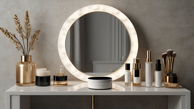 3D render close-up of a modern white dressing table with a built-in LED light stand mirror