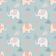 Cute elephants with plants, colorful pattern