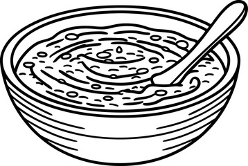 Bowl of creamy soup with spoon, hand drawn outline hot meal, comfort food, homemade dish illustration