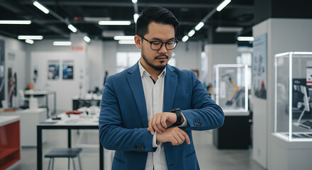 Fototapeta premium Focused employee checking time on smartwatch in open office