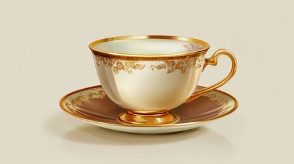 Elegant teacup & saucer, gold-trimmed, delicate floral detail, on pale neutral surface