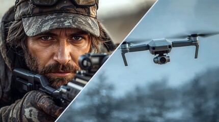 Hunter aiming with rifle while drone flies overhead in forest  