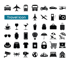 Essential Travel Icon Set on White Background, Vector Vacation Bundel