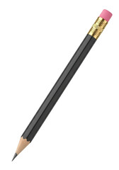 Single, brand new, perfectly sharpened classic black wooden pencil with light brown lead, brass ferrule, and pink eraser, isolated diagonally on transparent background with copy space, perfect