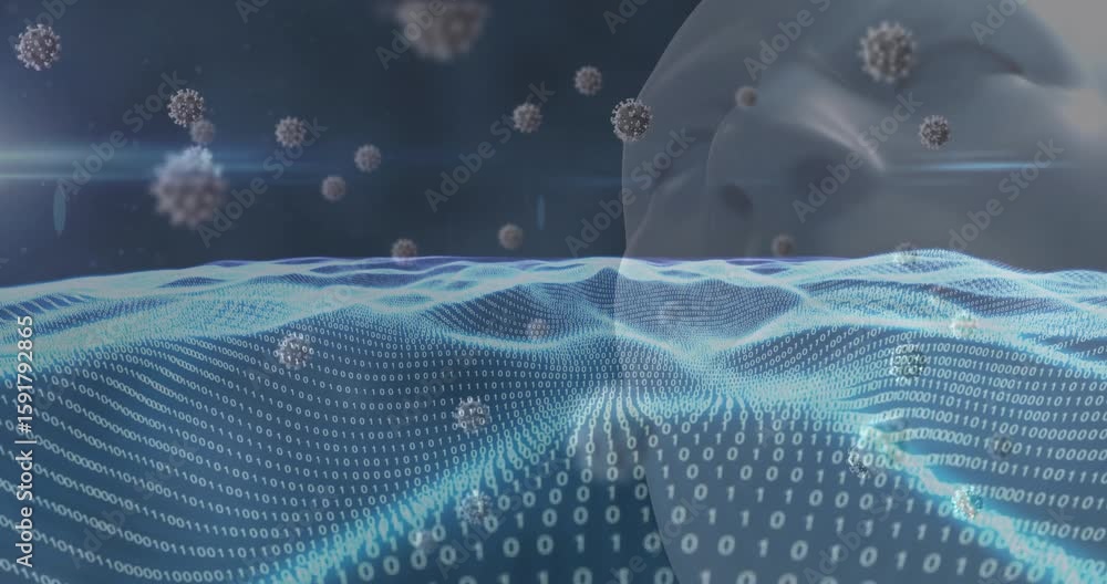 Poster opening revealing wave undulating with viral particles drifting past static face showing data flow