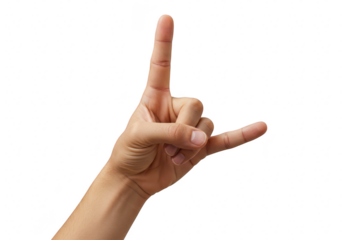 A hand forming the rock on or devil horns gesture with index and pinky fingers extended, isolated on white isolated on transparent background