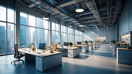 Modern open-plan office interior with natural light and city views