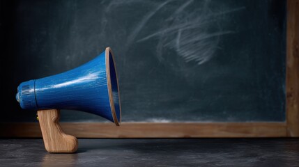 Blue megaphone with wooden handle on dark reflective surface, featuring golden-brown rim and smooth shiny texture, set against chalkboard background with erased markings and wooden frame.