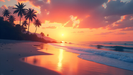 Serene Summer Sunset on the Beach: Colorful Sky, Gentle Waves, Silhouettes, Peaceful Atmosphere - Ideal for Relaxation and Tranquility - Empty Space for Text