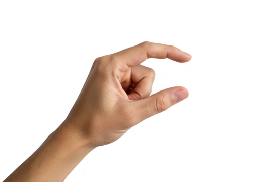 A hand forming a pinch gesture with thumb and index finger, indicating a small size, isolated on transparent background