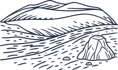 Fototapeta premium Rolling hills landscape with large rock minimalist mountain terrain illustration, nature sketch line art