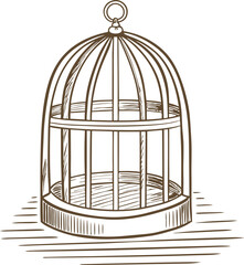 Empty birdcage illustration open metal cage, freedom concept hand drawn vintage sketch, isolated on white background
