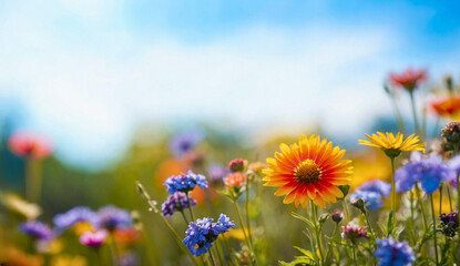 Colorful flower meadow with sunbeams and blue sky and bokeh lights in summer - nature background banner with copy space - summer greeting card wildflowers spring concept
