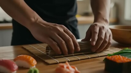 Sushi chef skillfully rolling sushi on bamboo mat in a cozy kitchen with fresh ingredients nearby